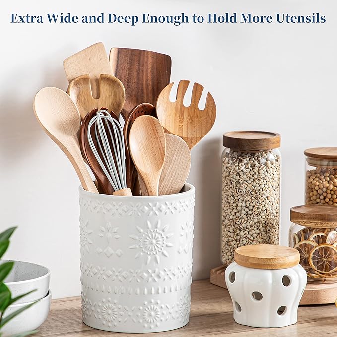 LOVECASA Extra Large Kitchen Utensil Holder, 7.2" Ceramic Farmhous Utensil Holder For Kitchen Countertop Décor With Heavy And Sturdy Base, Utensil Crock Organizer, White