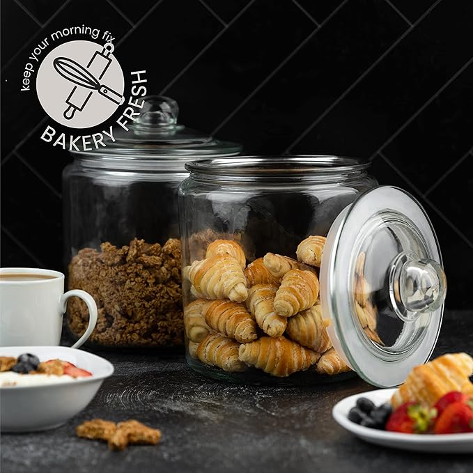 1 Gallon Glass Cookie Jar - Large Food Storage Container with Airtight Lid - Keep Fresh Flour, Chewy Pet Treats, Candy, Dried Foods, Detergent Pods for Your Kitchen or Laundry Room- Pack of 2
