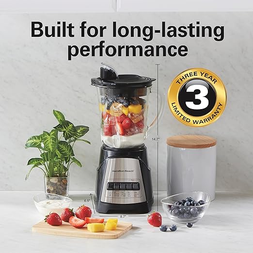 Hamilton Beach Power Elite Wave Action Blender For Smoothies, 40 Oz Glass Jar, 12 Functions Including Puree, Crush Ice, 700 Watts - Black (58148A)