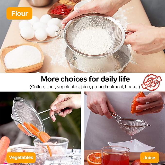 Walfos 4.6 Inch Fine Mesh Strainer, Premium Stainless Steel Colanders and Sifters, with Reinforced Frame and Sturdy Handle, Perfect for Sift, Strain, Drain and Rinse Vegetables, Pastas and Tea