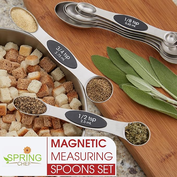 Spring Chef Stainless Steel Magnetic Measuring Spoons Set of 8 with Leveler, Dual Sided Metal Teaspoon & Tablespoon Measuring Spoons, Nesting Kitchen Gadgets for Baking & Cooking - 2 Pack - Black