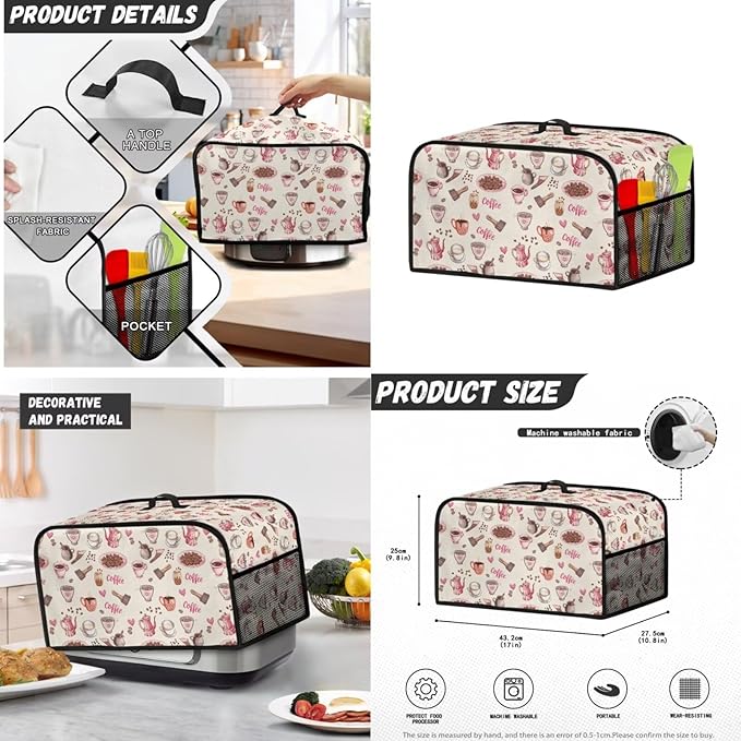 Pink Coffee Theme Kitchen Appliance Covers Set Toaster Cover 4 Slice Food Processor Hood Crock Pot Dust Cover with Side Pockets Machine Washable 3PCS