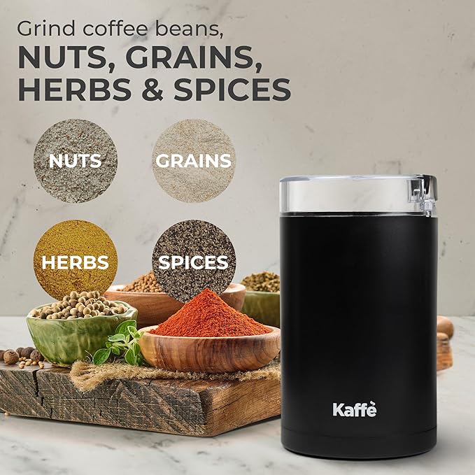 Kaffe One-Touch Coffee Grinder Electric w/Cleaning Brush (3 oz) - Coffee Grinders for Home Use - Up to 12 Cups of Coffee per Grind - Easy On/Off Coffee Bean Grinder - Matte Black