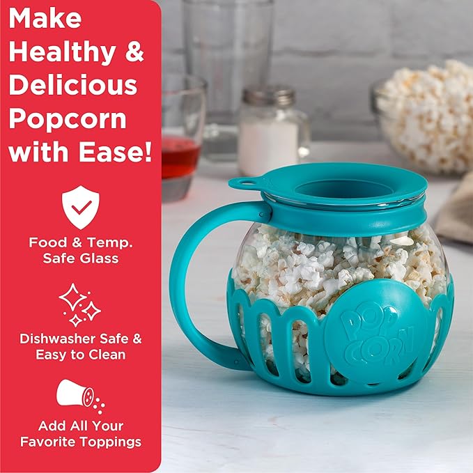 Ecolution Patented Micro-Pop Microwave Popcorn Popper with Temperature Safe Glass, 3-in-1 Lid Measures Kernels and Melts Butter, Made Without BPA, Dishwasher Safe, 1.5-Quart, Teal