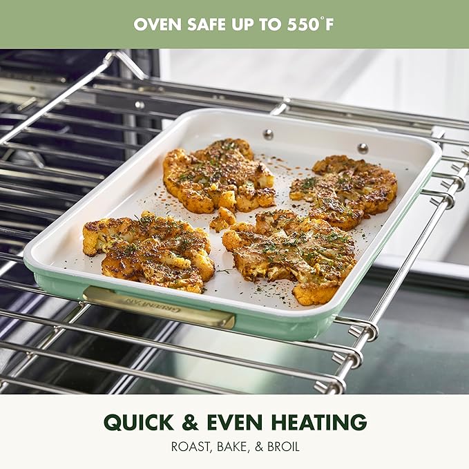 GreenPan Bakeware 13" x 9" Quarter Sheet Pan, Ceramic Nonstick Baking Pan, PFAS & BPA Free, Gold Handles, Durable Steel, Versatile & Space Saving Ovenware, Freezer to Oven Dish, Sage Green