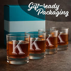 On The Rox (K-Monogram)- 4 Piece Set of 11 Ounce Engraved Heavy Base Rocks Whiskey Glasses Elegant Glass-Bourbon Multi-Purpose Beverage-Rocks Glass- Gift for any Occasion Drinks