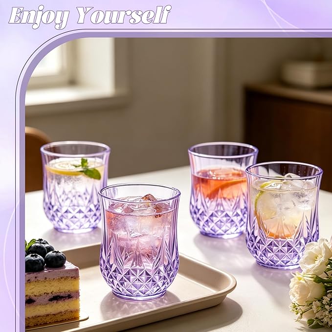 40 Pack Plastic Stemless Wine Glasses,12oz Unbreakable Vintage Elegant Drinking Glass Set,Reusable Fancy Cocktail Cups for Party, Wedding, and Bulk Events (40, 12oz-Purple)