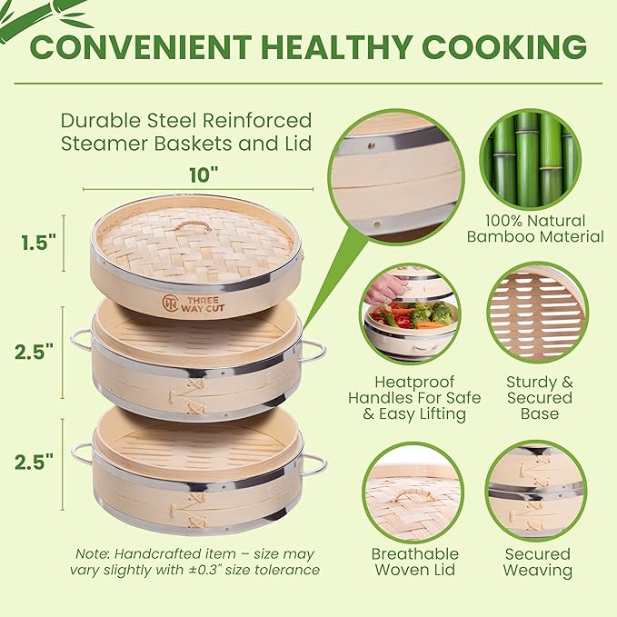 2-tier 10" Bamboo Steamer with Reinforcement & Handle, Reusable Silicone Liner & Accessories Kit For Cooking Dumpling, Baby Bao Bun, Dim Sum, Rice Potsticker Steaming Chinese Asian Food & Vegetables