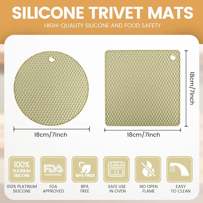 Silicone Trivet Mats 4 Heat Resistant Pot Holders Multipurpose Non-Slip Hot Pads for Kitchen Potholders, Drying mat, Jar Opener, Spoon Holder, Coaster(Nordic Rice)