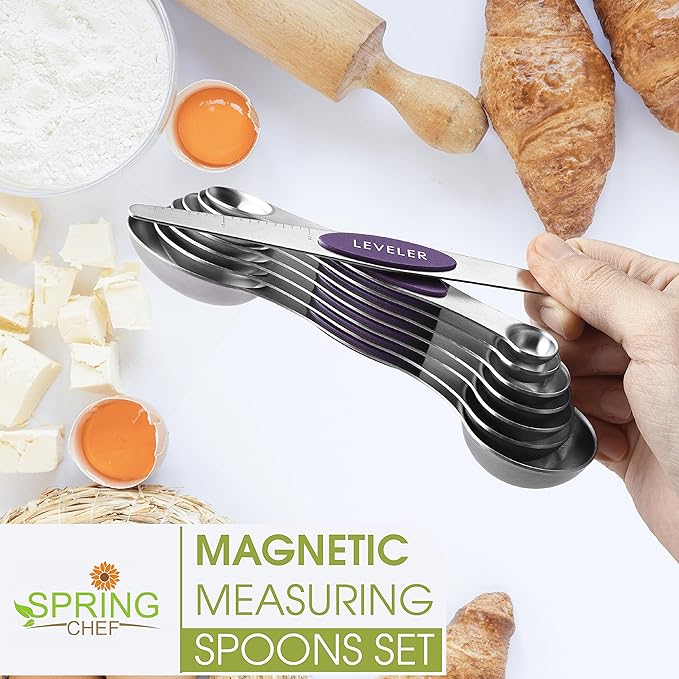 Spring Chef Purple Stainless Steel Magnetic Measuring Spoons Set of 8 with Leveler, Dual Sided Metal Teaspoon & Tablespoon Measuring Spoons, Kitchen Gadgets for Baking & Cooking, Fits in Spice Jars
