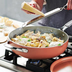 Tramontina All-in-One Plus Pan Set, 5-Quart Ceramic Non Stick Cooking Pan with Lid, Steamer Insert, Bamboo Utensil and Trivet, Orange