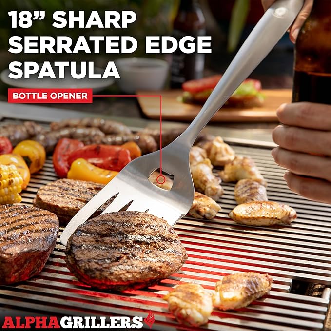 Alpha Grillers Grilling Accessories - Grilling Gifts for Men - BBQ Accessories Grill Tools Set with Spatula, Fork, Brush & Tongs - Outdoor Barbecue Utensils Gifts for Men Dad Him Boyfriend