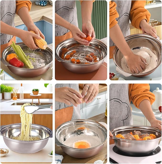 Stainless Steel Colander, 4.5QT Large Capacity with Mixing Bowl, Rice Washing Bowl with Strainer for Washing Vegetables, Fruit, Spaghetti, Pasta Strainer, Dishwasher Safe(2PC)