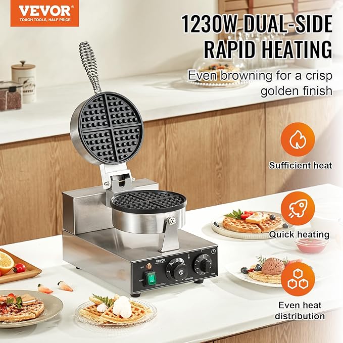 VEVOR Commercial Waffle Maker, 1230W Round Waffle Baker Machine, Non-Stick Stainless Steel Belgian Waffle Iron with Temperature and Time Control, Handle, for Restaurant Bakery Snack Bar Family