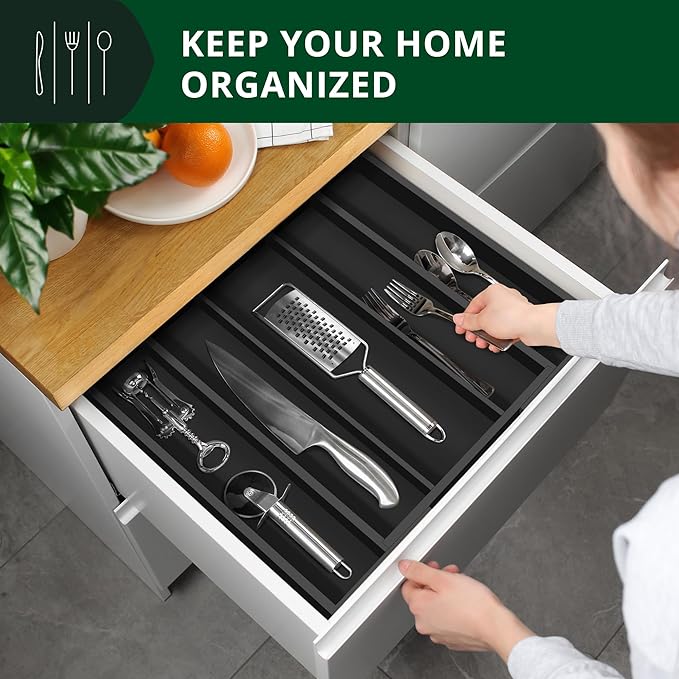 ROYAL CRAFT WOOD Luxury Bamboo Kitchen Drawer Organizer - Silverware Organizer - Utensil Holder and Cutlery Tray with Grooved Drawer Dividers for Flatware and Kitchen Utensils (5 Slot, Black)