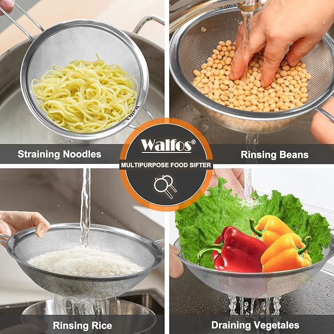 Walfos 7.8 Inch Fine Mesh Strainer, Premium Stainless Steel Colanders and Sifters, with Reinforced Frame and Sturdy Handle, Perfect for Sift, Strain, Drain and Rinse Vegetables, Pastas and Tea