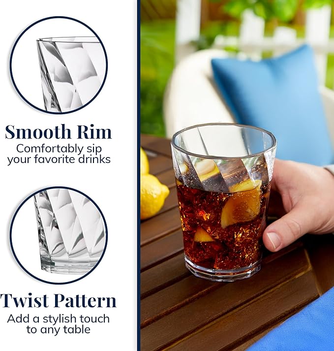 US Acrylic Optix Plastic Reusable Drinking Glasses (Set of 8) 14oz Rocks Cups in Clear | BPA-Free Tumblers, Made in USA | Top-Rack Dishwasher Safe