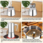 No Coating 6 Cup Thickened 304 Stainless Steel Moka Pot Stovetop Espresso Maker Italian Coffee Machine 300ml 10.1oz Suitable for Gas Induction Stovetop Greca Coffee Maker Percolator