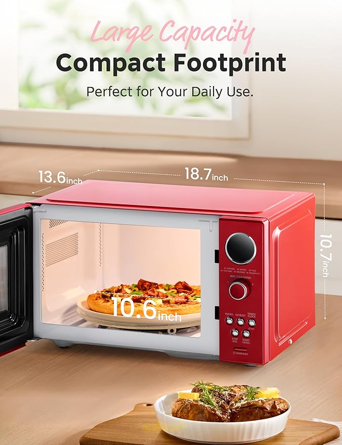 COMFEE' Retro Microwave Oven, Small Microwave with 6 Auto Menus, 0.9 cu.ft Countertop Compact Microwave with Multi-stage Cooking, Mute Function, LED digital, Red/900W, CMO-MMP02AA(RD)