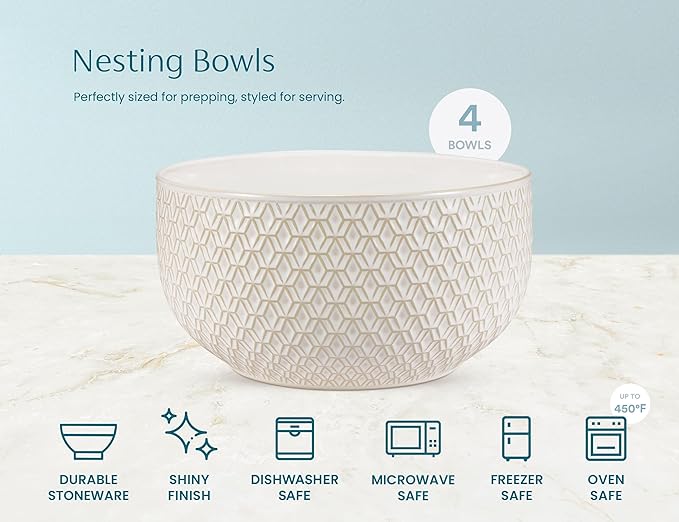 KooK Ceramic Mixing Bowls, Nesting Set of 4, Embossed Kitchen Dishware, Prep, Serving, Gift, Microwave and Dishwasher Safe, 20/44/98/145 oz, Narbonne Collection (Ivory)