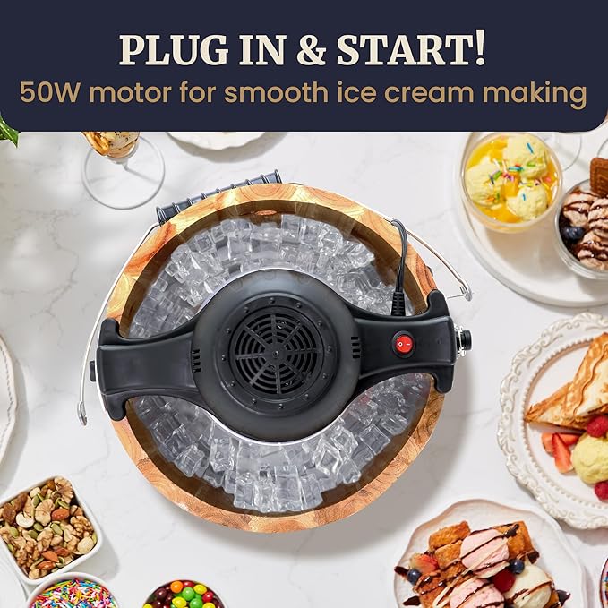 Elite Gourmet EIM402 Old Fashioned 4 Quart Vintage Wood Bucket Electric Ice Cream Maker Machine, Bonus Classic Die-Cast Hand Crank for Churning, Uses Ice and Rock Salt Churns Ice Cream in Minutes