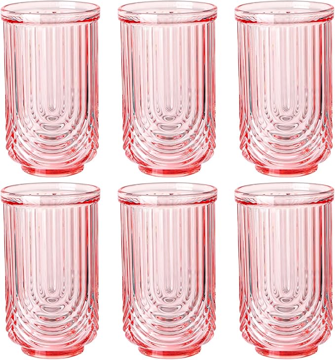 Pink Vintage Drinking Glasses Set of 6-17oz Hand-Blown Highball Ribbed Glassware, Arch Design Cocktail Glasses for Whiskey Water Beverages Ice Coffee Juice Milk