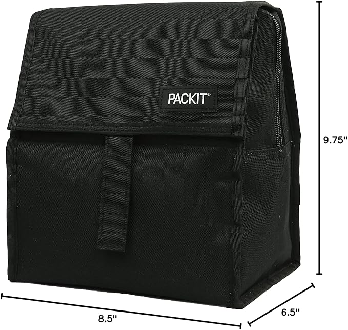 PackIt Freezable Lunch Bag, Black, Built with EcoFreeze Technology, Foldable, Reusable, Zip and Fold Closure with Buckle Handle, Perfect for School and Office Lunches
