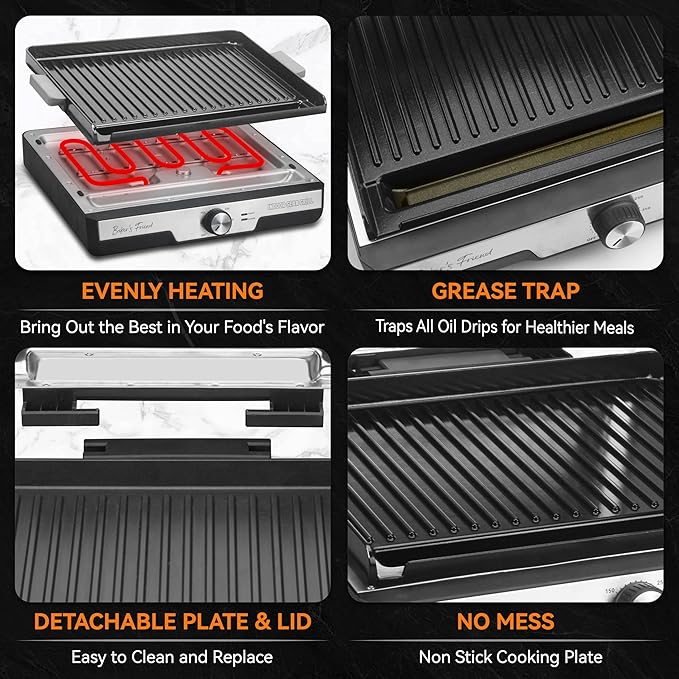 Baker's Friend Smokeless Indoor Grill with Removable Plates, Portable BBQ Grill, Electric Grill Indoor, Indoor Grills Electric Smokeless, Cooking & Grilling Gifts, Recipes Included, Graphite