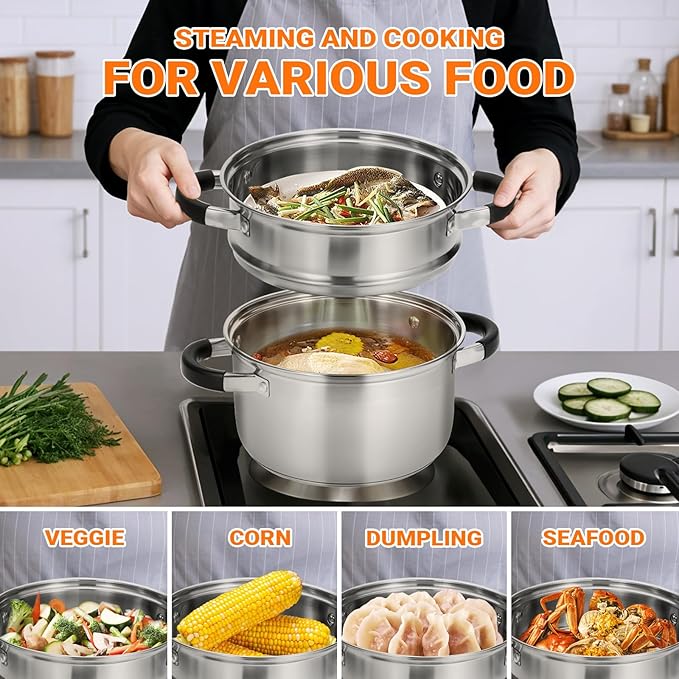 Kirecoo 3.2QT Steamer for Cooking - Stainless Steel Steam Pot with Steamer Basket, Cooking Stock Pot with Silicone Handle, Lid for Vegetable, Dumplings, Soup, Food, 3Ply Bottom Boiling Stew Cookware