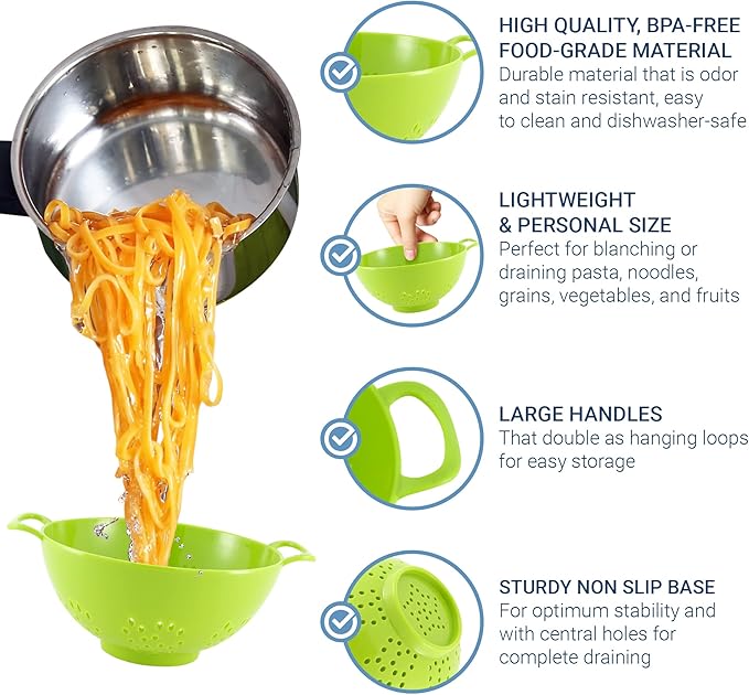 Meadow Lane 6-inch Small Colander, BPA-Free, Dishwasher Safe, Double Handles, Compact Food Strainer for Berries, Veggies and Pasta, 3-Cup Capacity, Green and White, 2-Pack
