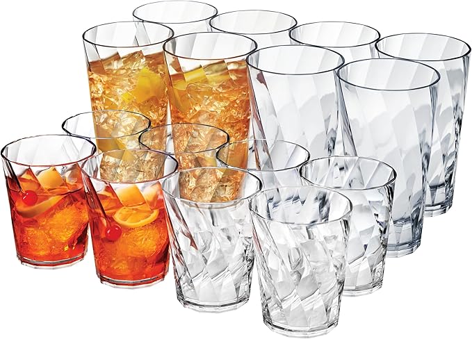 US Acrylic Optix Plastic Reusable Drinking Glasses (Set of 16) 14oz Rocks & 20oz Water Cups in Clear | BPA-Free Tumblers, Made in USA | Top-Rack Dishwasher Safe