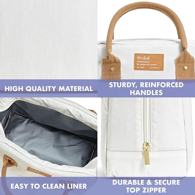 Fit & Fresh Lunch Bag For Women, Insulated Womens Lunch Bag For Work, Leakproof & Stain-Resistant Large Lunch Box For Women With Containers, Zipper Closure Bloomington Bag, Ivory Woven