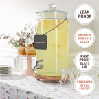 2 Gallon Glass Drink Dispenser with Spout for Parties - Tall Airtight Mason Style Beverage Serveware Stand with Metal Spigot for Kombucha, Water, Juice, Punch, Cocktails, Ice Tea & Sun Tea