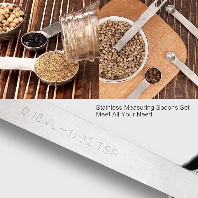 Upgrade 9 PCS Stainless Steel Measuring Spoons Set, Small Tablespoon, Teaspoons, Set 8 with Bonus Leveler for Dry and Liquid, Fits in Spice Jars, 1/32 1/16 1/8 1/4 1/2 1 tsp, 1/2 1 tbsp