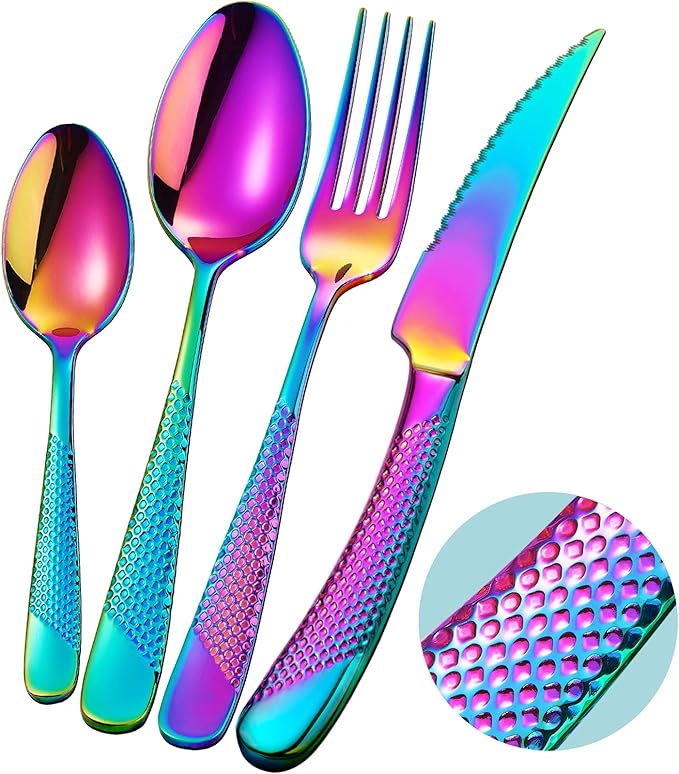16-Piece Modern Hammered Rainbow Silverware Set with Ultra Sharp 2-IN-1 Serrated Knife, 18/10 Stainless Steel Iridescent Flatware Set Service for 4, Luxury Cutlery Set, Forks Spoons Knives Set