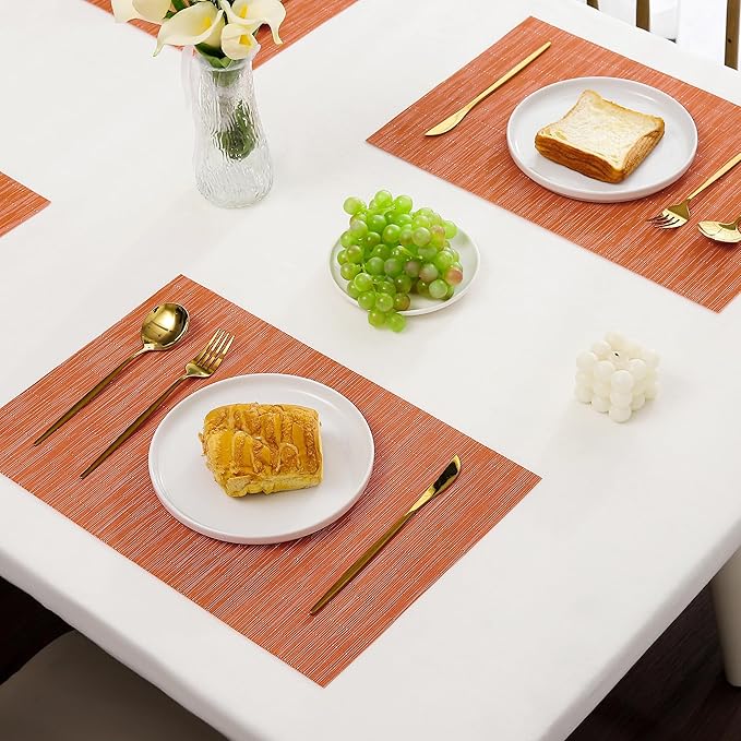Leetaltree Orange Placemats Set of 12 - Heat Resistant Non-Slip Place mats for Dining Table, Washable Durable PVC Vinyl Woven Table Mats（Orange, 12）