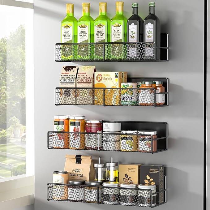 DTUQYX Magnetic Spice Rack for Refrigerator, 4 Pack 100% Metal Strong Magnet Fridge Shelves, Space Saving Spice Organizer, No Drilling Moveable Home Kitchen Laundry Room Storage Organization, Black
