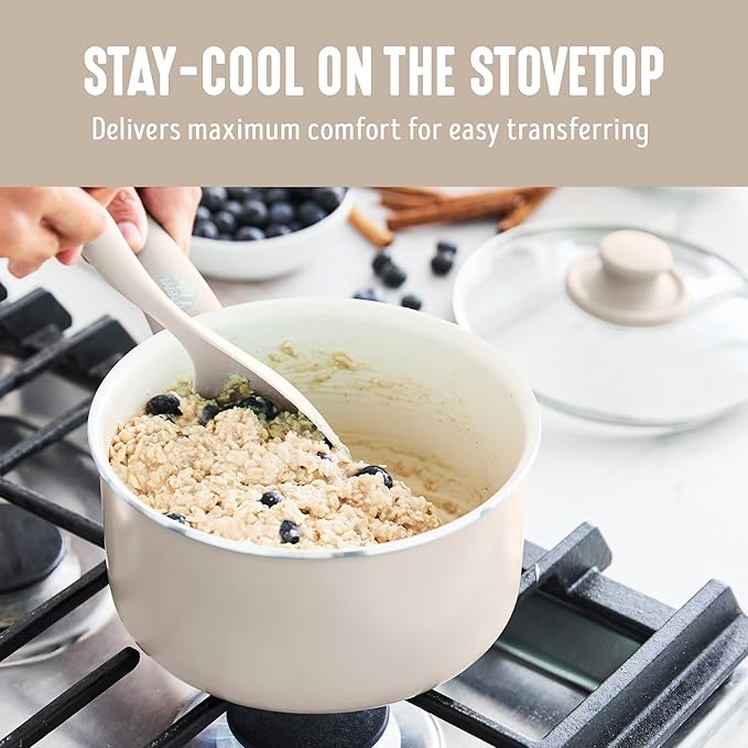 GreenLife 2.5QT Nonstick Saucepan with Glass Lid, Soft Grip, PFAS-Free Ceramic, Multipurpose Chef Pan, Milk & Sauce Cooking Pot, Dishwasher & Oven Safe to 350˚F, Stay-Cool Handle, Taupe