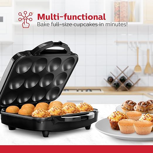 Holstein Housewares Non-Stick 12-Count Electric Cupcake Maker Machine – Bakes 12 Cupcakes, Muffins, Pizza Cups, Cinnamon Buns – Perfect for Gifts, Birthdays, Holidays, or Bake Sales, Black