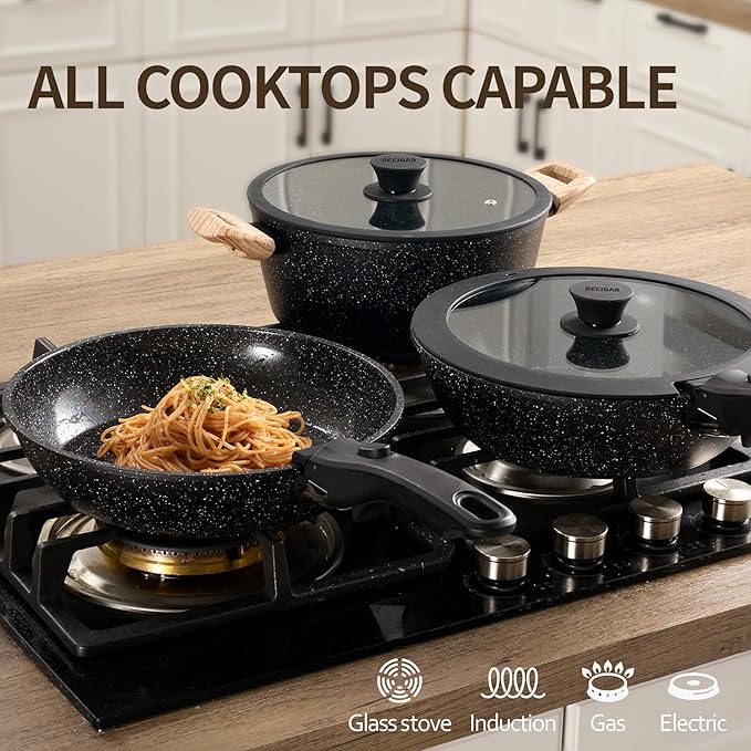 BECIGAR 23pcs Ceramic Pots and Pans Set, Nonstick Detachable Handle Cookware, Induction Kitchen Cooking Set with Removable Handle,include Frying Pans & Saucepans Oven Safe (Black)