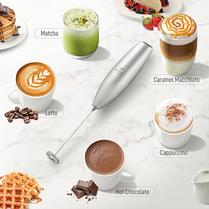 Zulay Kitchen Milk Frother Handheld Electric Whisk with AA Duracell Batteries – Durable Drink Mixer for Coffee, Lattes, Cappuccinos & More - Silver