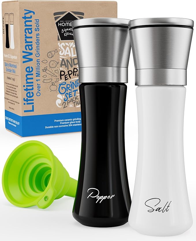 HOME EC Stainless Steel Salt and Pepper Grinder Set of 2 - Adjustable Ceramic Sea Salt Grinder & Pepper Grinder - Glass Salt and Pepper Shakers - Pepper Mill & Salt Mill W/Funnel - Black and White