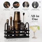 BARE BARREL® Mixology Bartender Kit Bar Set | 14-Piece Cocktail Shaker Set | Martini Barware Mixing Tools for Home Bartending | 35 Recipe Cards | Gift Set (28oz Boston Shaker, Brass/Black)