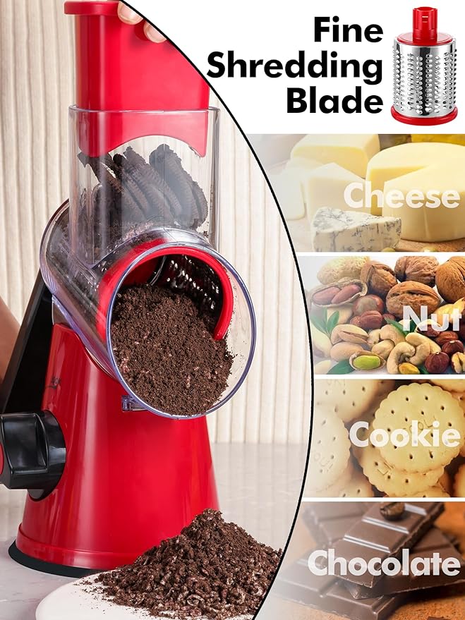 Rotary Cheese Grater with Handle - 3 in 1 Cheese Shredder Rotary Grater Stainless Steel Handheld, Vegetable Slicer for Fruit, Cheese, Nuts(Red)