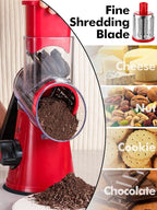 Rotary Cheese Grater with Handle - 3 in 1 Cheese Shredder Rotary Grater Stainless Steel Handheld, Vegetable Slicer for Fruit, Cheese, Nuts(Red)