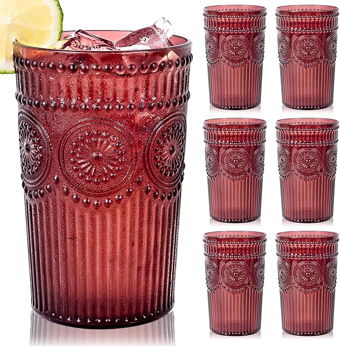 Ciaell 12 Pack Romantic Plastic Water Glasses - 14 Oz Burgundy Vintage Drinking Glasses, Embossed Ribbed Plastic Cups, Textured Striped Set for Juice, Beverages, Beer, Cocktail