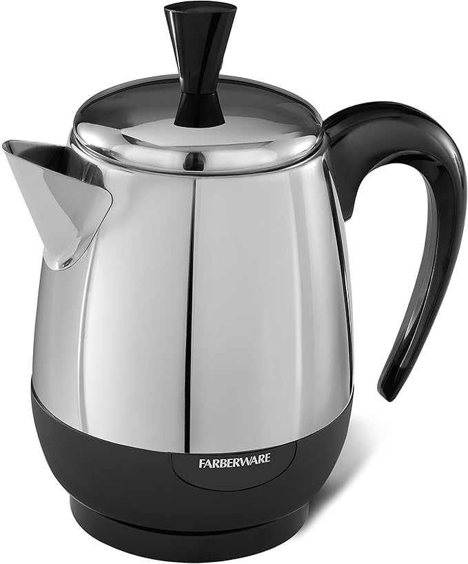 Farberware Electric Coffee Percolator, FCP240, Stainless Steel Basket, Automatic Keep Warm, No-Drip Spout, 4 Cup, Black/Silver