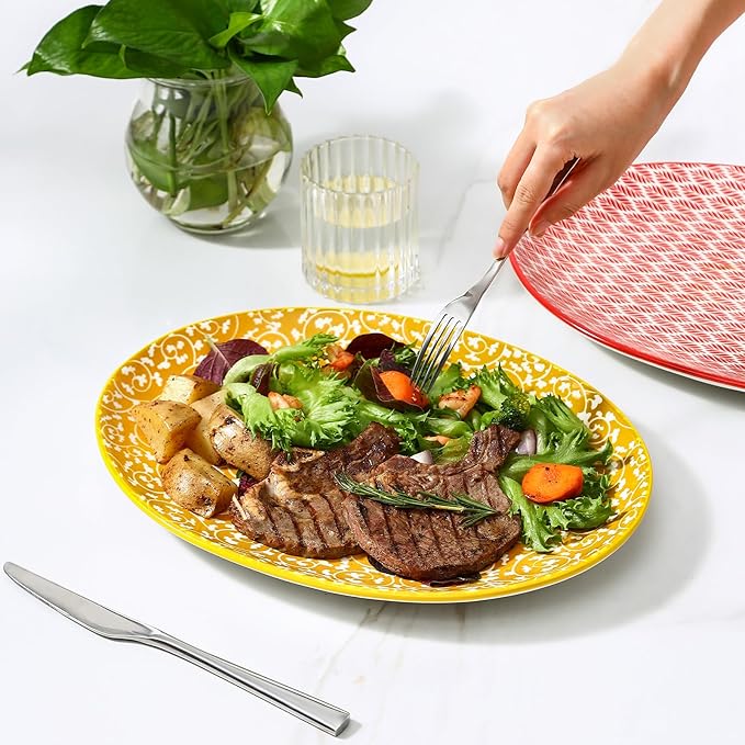 Selamica Serving Platter, 14 Inch Large Serving Dishes for Entertaining, Oval Ceramic Serving Trays for Party, Steak, Cake, Dinner, Fruit, Oven Safe, Microwave Safe, Set of 4, Assorted Colors