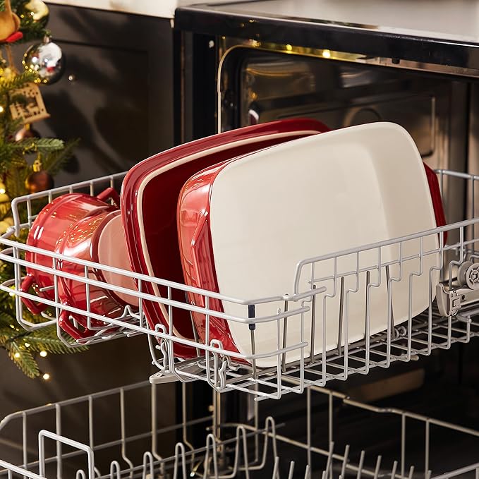 Lareina Large Ceramic Casserole Dish with Lid, 4.0 Quart Covered Rectangular Stoneware Baking Dishes for Oven, Deep 9x13 Inch Lasagna Pans for Baking and Serving, Perfect for Christmas gifts, Red