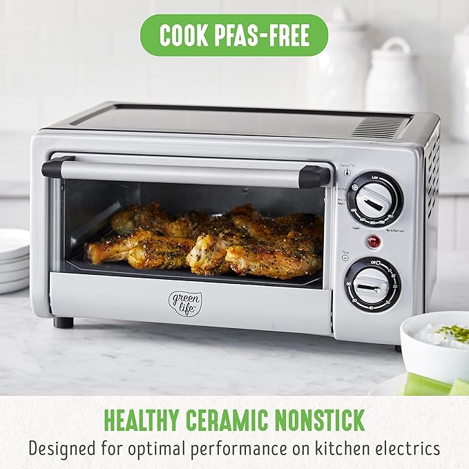 GreenLife Countertop Toaster Oven Air Fryer Stainless Steel, Healthy Ceramic Nonstick, PFAS Free, Tray & Basket, Bake, Broil, Reheat, Adjustable Temp & Time Control, Auto Shutoff, Black